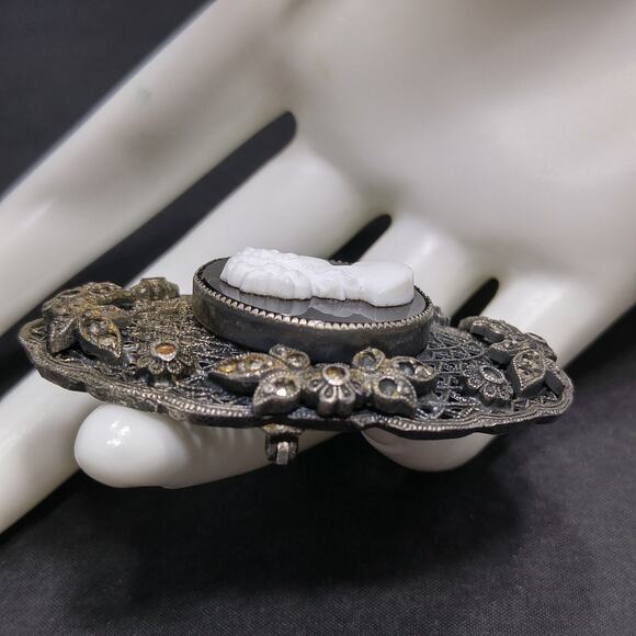 Vintage Antique Glass Cameo Marcasite Brooch, Oval Filigree Back, 2 1/2 Inches - Picture 6 of 10